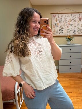 Mango Cream Crochet-Inset Cotton Blouse 8 Neutral Cotton